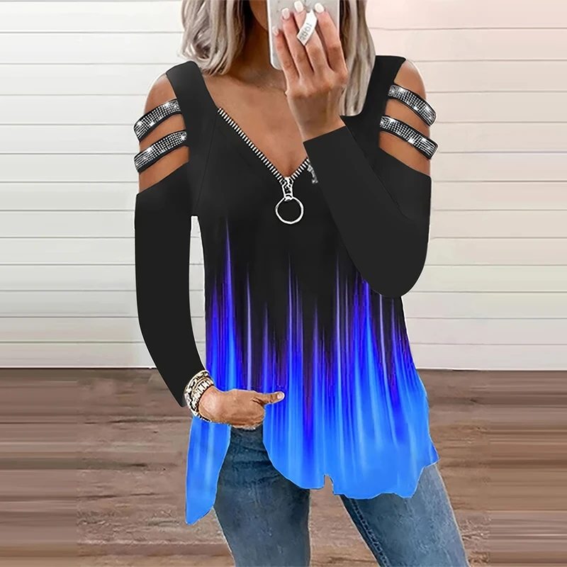 Summer Clothing Drop - Gradientowy zamek błyskawiczny V Neck T-shirt