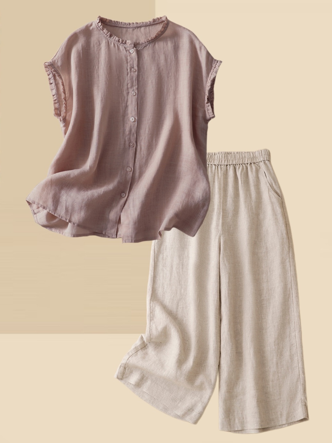 Summer Clothing Over 60 - Damski cienki lniano-bawełniany komplet: koszula i