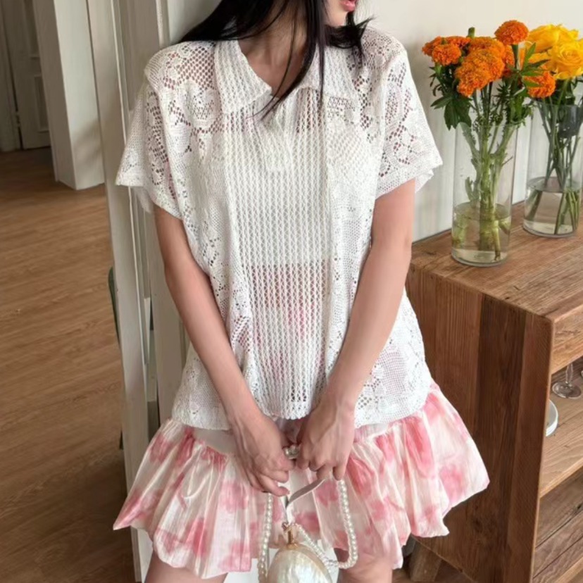 Summer Clothing Online Shopping - Koszula z koronkowym kołnierzykiem w stylu